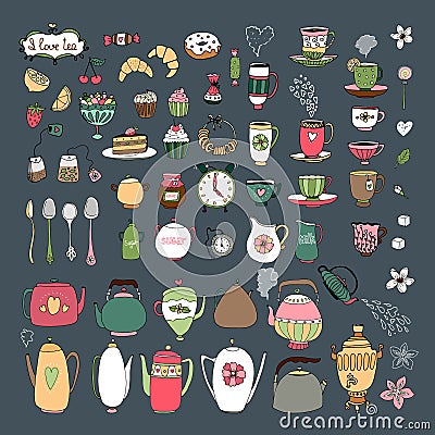 Large set of teacups teapots pastries and sweets Vector Illustration