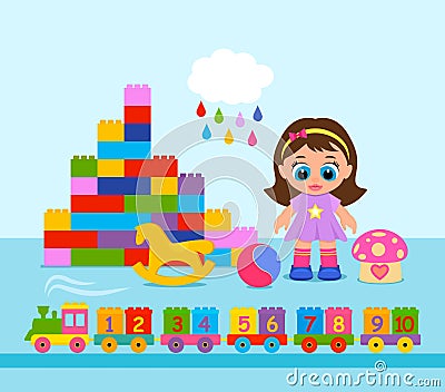 A large set of toys for toddlers. constructor, ball, beautiful doll, train with numbers from 1 to 10 Vector Illustration