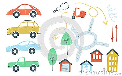 Large set of urban elements flat simple cartoon style hand drawing. cars, roads, traffic lights. vector illustration Vector Illustration