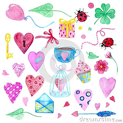 A large set of watercolor elements for Valentine`s Day or wedding day. Flowers, arrow, envelope, balloon, heart, cup and other Stock Photo