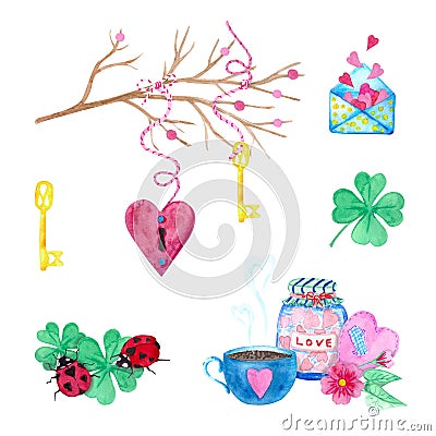 A large set of watercolor elements for Valentine`s Day or wedding day. Flowers, arrow, envelope, balloon, heart, cup and other Stock Photo