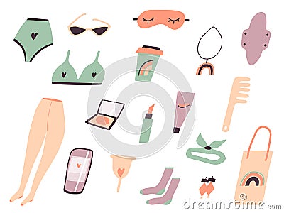 A large set of women s accessories. Things for everyday use. Women s personal care items, cosmetics, underwear Vector Illustration