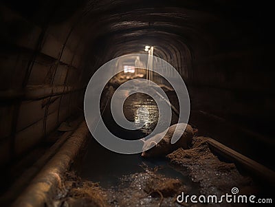 Large sewer tunnel, with water and mud, rats running around, AI generated. Stock Photo