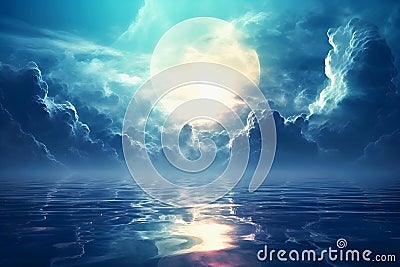 Large shining planet in clouds above water depths Stock Photo