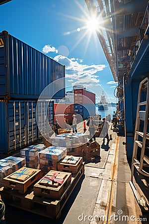 A large ship with containers in a port. A ship carries cargo Stock Photo