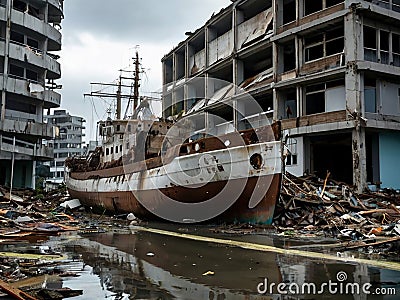 A large ship was stranded in a suburban town after the tsunami Stock Photo