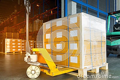 Large shipment pallet goods at interior warehouse storage Stock Photo