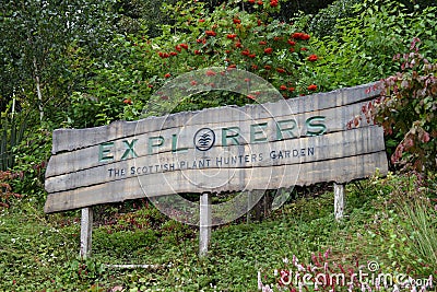 Large sign at the entrance for The Explorers Scottish Plant Hunters Garden Editorial Stock Photo