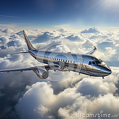 A large silver airliner is flying above the clouds. Generated by AI Stock Photo