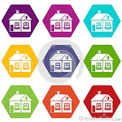 Large single-storey house icon set color hexahedron Vector Illustration