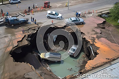 large sinkhole with cars and trucks falling into the depths Stock Photo
