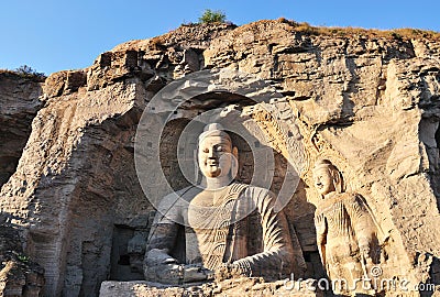 Large sitting Buddha in Yungang Grottoes Stock Photo