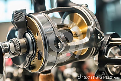 Large size fishing multiplier reel on the counter in a fishing store Stock Photo