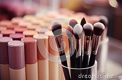 Large and small makeup brushes of various colors assembled in a bundle on the desktop. The concept of cosmetologist's tools. Stock Photo