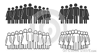 Large and small solid black and outline groups of men and women. Flat vector illustration isolated on white Vector Illustration