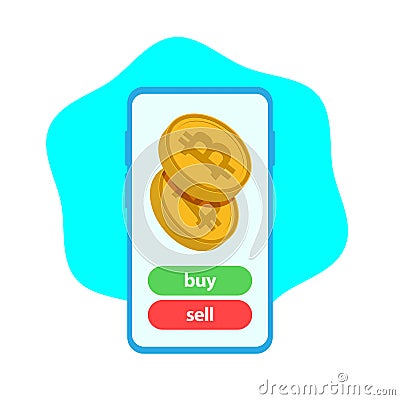 A large smartphone with an image of two gold volume coins of the digital virtual cryptocurrency bitcoin and two buttons Vector Illustration