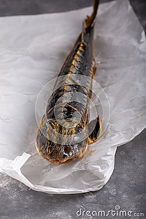 Large smoked sturgeon fish with head on white paper on gray background Stock Photo