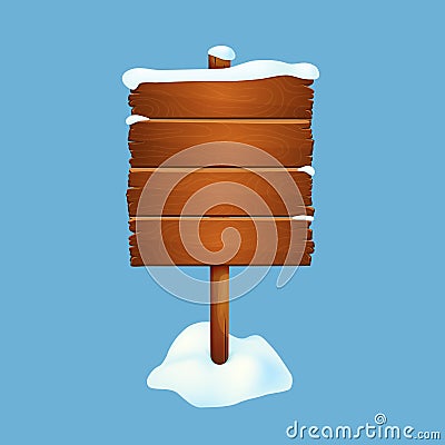 Large snow covered wooden sign with snow isolated on a blue background. Vector Illustration