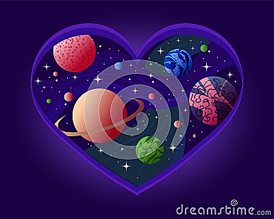 Concept illustration of big heart as galaxy with planets, mars, jupiter, venus, space clouds and stars. Vector Illustration