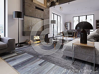 A large spacious living room in a loft style, with a fireplace and upholstered furniture, large panoramic windows and white walls Stock Photo