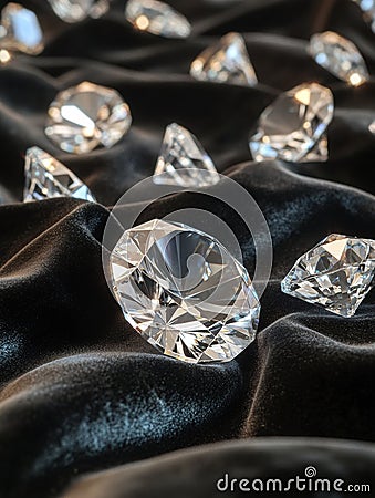 Large sparkling diamonds on a smooth black fabric with ample copy space for personalized text. Generative AI Stock Photo