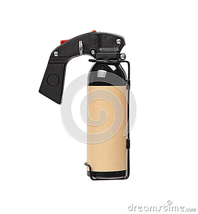 Large spray can with isolate on a white back. Black spray bottle with colored button. Pepper spray for self defense Stock Photo