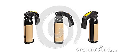 Large spray can with isolate on a white back. Black spray bottle with colored button. Pepper spray for self defense Stock Photo