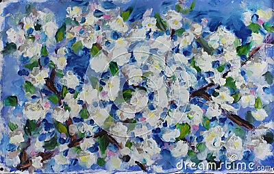 Large spring white flowers on the branch of a tree, oil painting Stock Photo