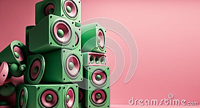 A large stack of colourful green and pink music audio speakers. Generative ai Stock Photo