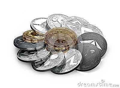 Large stack of dfferent cryptocurrencies isolated on white Cartoon Illustration