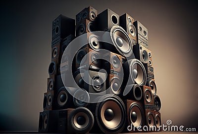 A large stack of music audio speakers. Generative ai Stock Photo
