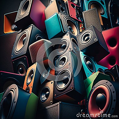 A large stack of music audio speakers, generative AI Stock Photo