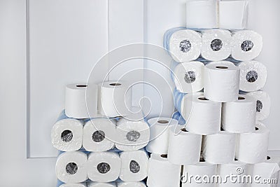 Large stack of toilet paper rolls in a home. Ready for an emergency Stock Photo