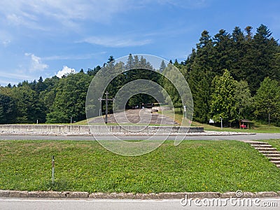 Large stairs leading to Monument to the Revolution on Mrakovica, dedicated to Yugoslav partisan fighters and victims of fascism Editorial Stock Photo