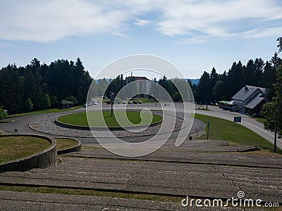 Large stairs leading to Monument to the Revolution on Mrakovica, dedicated to Yugoslav partisan fighters and victims of fascism Editorial Stock Photo