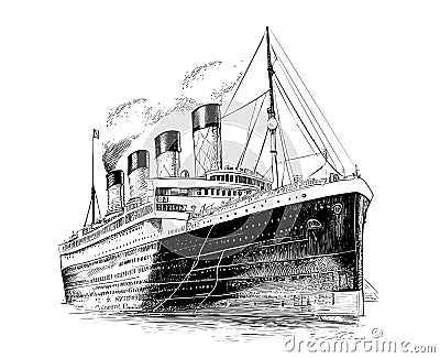 Large steamboat retro hand drawn engraving style sketch Three quarter view Vector Illustration