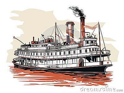 Large steamboat retro in hand-drawn style Vector Illustration
