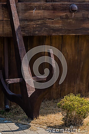Large steel anchor on stern of 14th century Korean ship Stock Photo