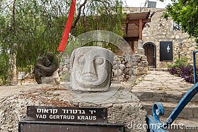 Large stone abstract head made by a local artist in the famous artists village Ein Hod near Haifa in northern Israel Editorial Stock Photo