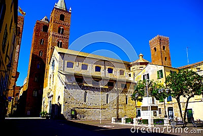 Big towers in medieval town Alassio Italy Stock Photo