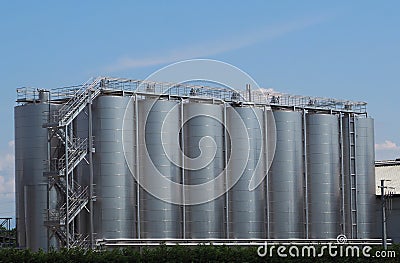 Large storage system of wine metallic fermentation tanks Stock Photo