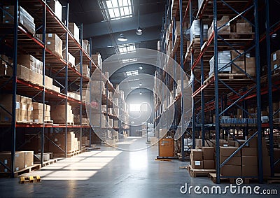 Large storage warehouse with forklift and tall shelves racks.Wide view.AI Generative Stock Photo