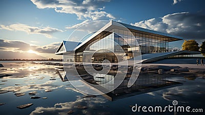 A large structure with a reflection of clouds. Generative AI. Stock Photo