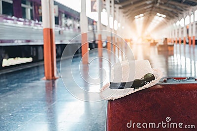 Large suitcases rucksacks and travel bag in Train Station Stock Photo