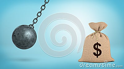 A large swinging wrecking ball on blue background beside a giant money bag with a USD sign. Stock Photo