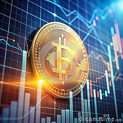 A l symbol of Bitcoin is superimposed on a background displaying a dynamic graph with various lines and bars indicating financial Stock Photo