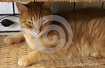 Large Tabby Cat Laying Down on a Wrought Iron Bottom Wicker Shelf Stock Photo