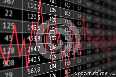 Large table with numerical data and red dynamics line above Stock Photo