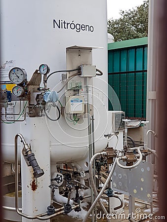 Large tank where nitrogen is stored in a hospital. Pressure indicators Editorial Stock Photo