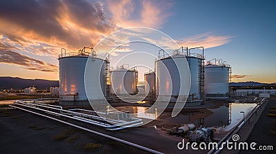 Large tanks used for storing chemical petroleum petrochemical refinery product at oil terminal Stock Photo